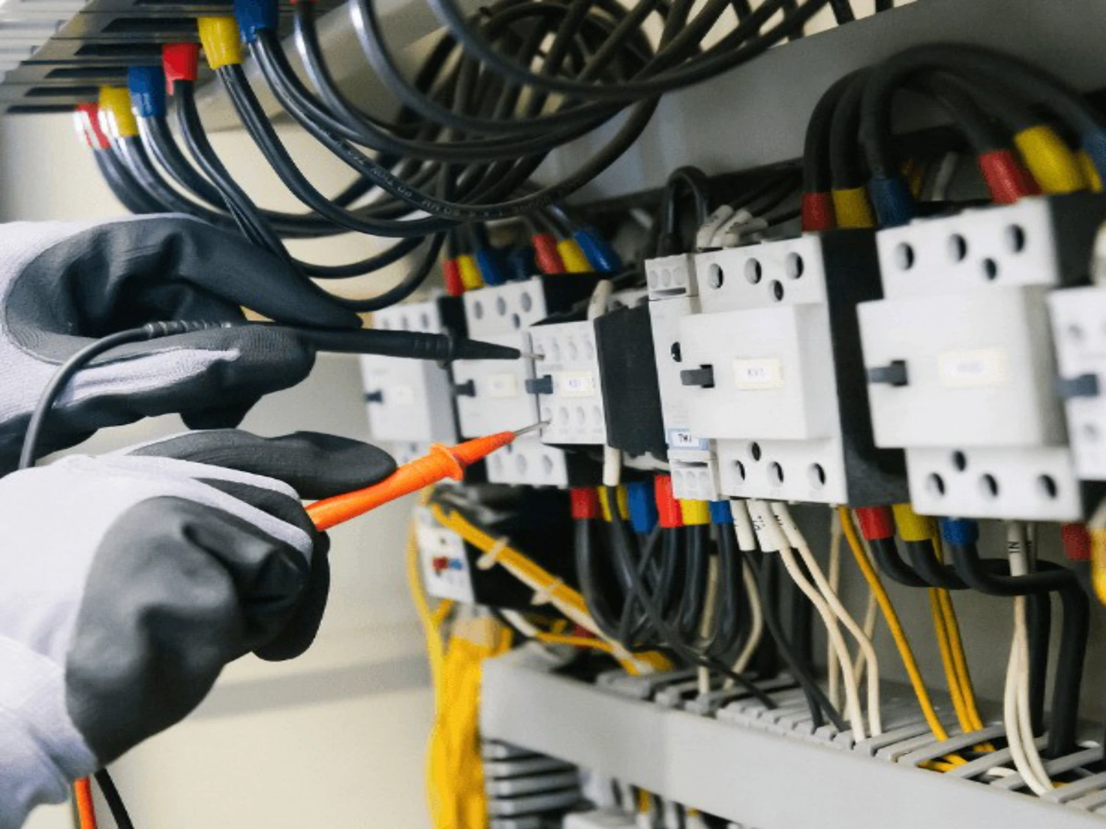 Mani con guanti che verificano un impianto elettrico con strumenti di misura